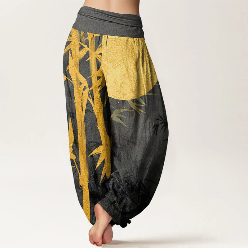 Buddha Stones Cotton Bamboo Leaves Full Moon Pattern Women's Elastic Waist Harem Pants