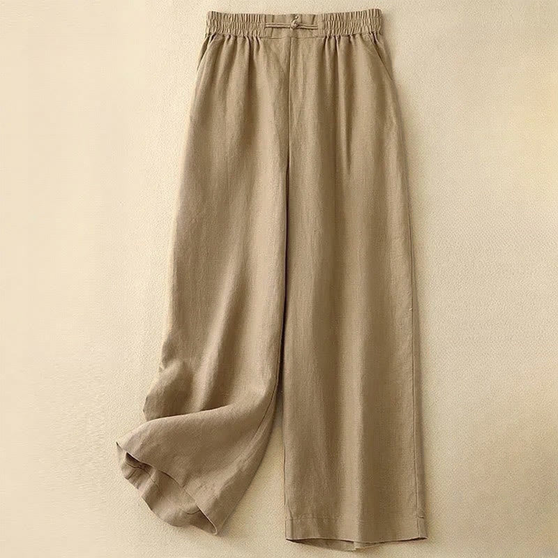 Buddha Stones Daily Solid Color Elastic Waistband Frog-Button Cotton Women's Wide Leg Pants With Pockets