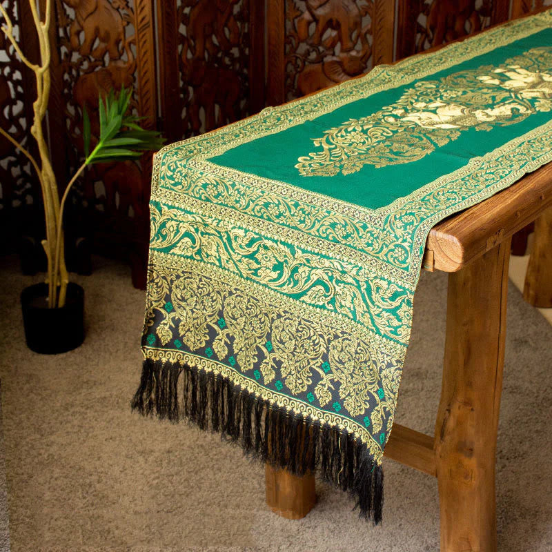 Buddha Stones Vintage Elephant Pattern Tassels Strength Table Runner Home Decoration (Extra 35% Off | USE CODE: FS35)