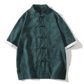 Buddha Stones Casual Summer Jacquard Floral Pattern Frog-Button Men's Stand Collar Contrasting Color Half Sleeve Cotton Cardigan Shirt