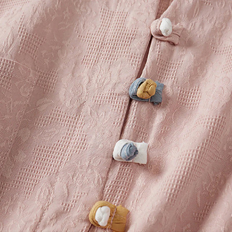 Buddha Stones Casual Flower Colorful Frog Button Half Sleeve Cotton Linen Women's Shirt