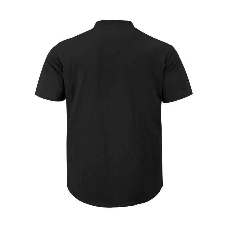 Buddha Stones Solid Summer Short Sleeve Half Buttons Linen Men's Shirt