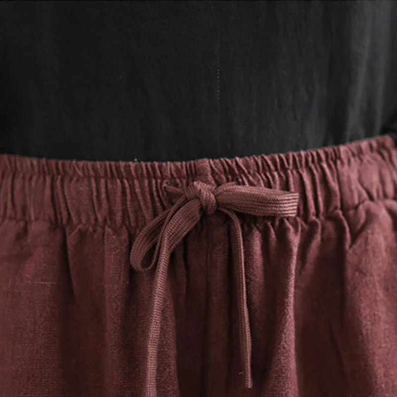 Buddha Stones Commute Retro Solid Color Women's Harem Drawstring Cotton Pants With Pockets