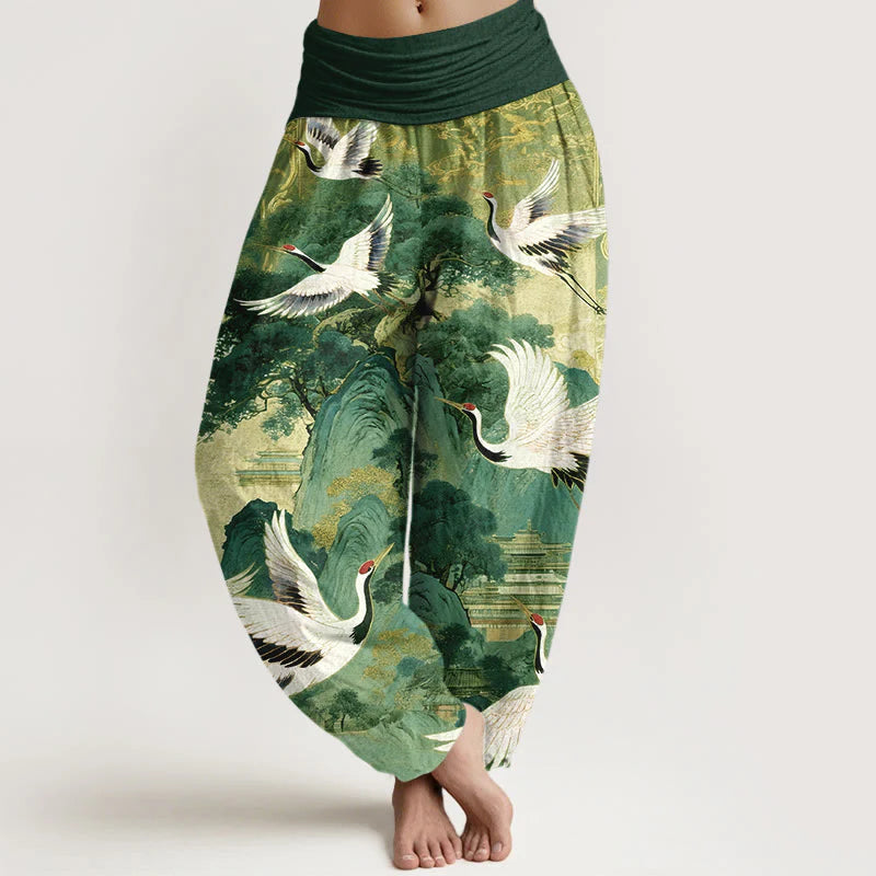Buddha Stones Pure Cotton Gorgeous Crane Mountain Pine Tree Pattern Women's Elastic Waist Harem Pants