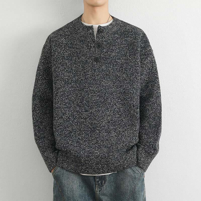 Buddha Stones Winter V-Neck Buttons Ribbed Design Warm Men's Long Sleeve Knitted Sweater