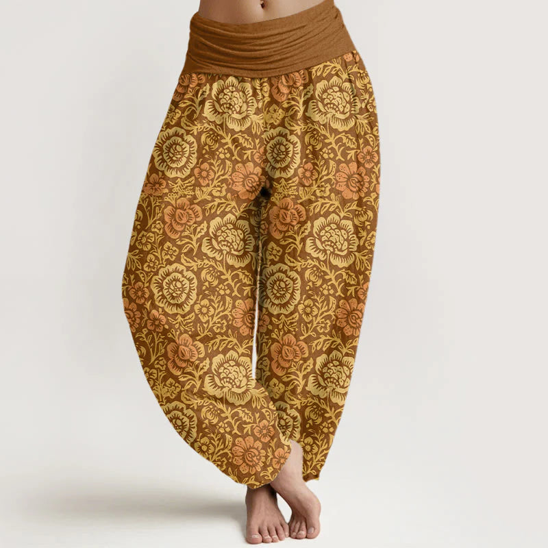Buddha Stones Pure Cotton Vintage Pastoral Floral Pattern Women's Elastic Waist Harem Pants