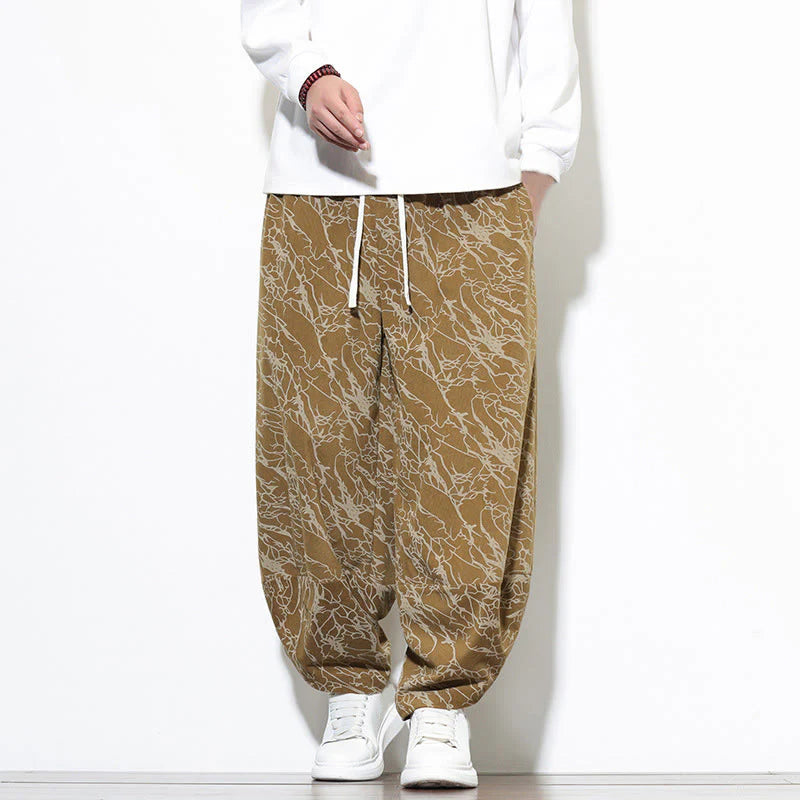 Buddha Stones Fall Textured Lines Print Cotton Elastic Waist Ankle-Length Men's Harem Pants With Pockets