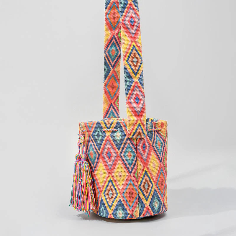 Buddha Stones Colorful Geometry Flowers Print Canvas Bucket Crossbody Bag Shoulder Bag