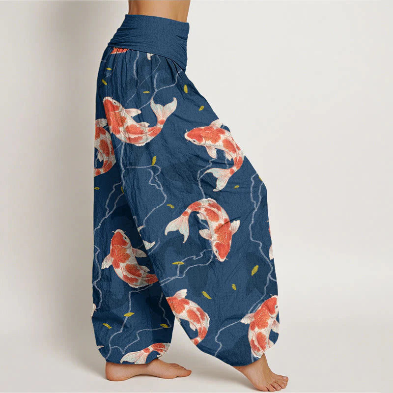 Buddha Stones Cotton Red White Koi Fish Pattern Design Women's Elastic Waist Harem Pants