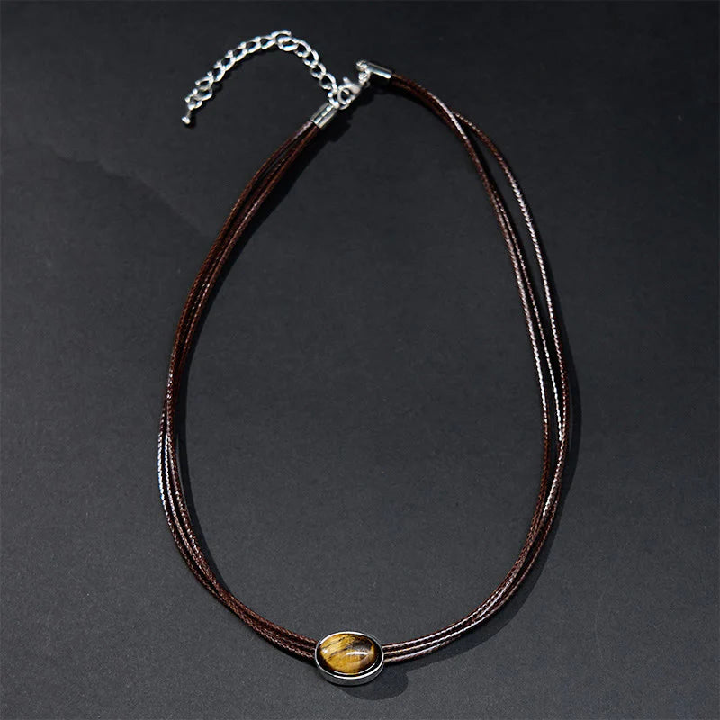 Buddha Stones Natural Tiger Eye Ellipse Protection Wax Rope Necklace Pendant