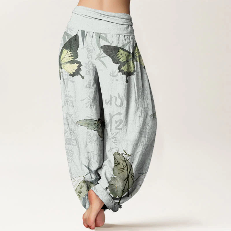 Buddha Stones Cotton Butterfly Bamboo Leaves Chinese Characters Pattern Women's Elastic Waist Harem Pants