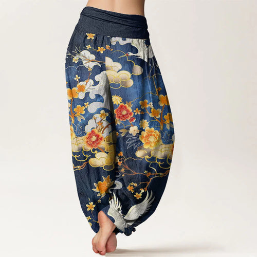 Buddha Stones Cotton Auspicious Clouds White Cranes Red Flowers Pattern Design Women's Elastic Waist Harem Pants