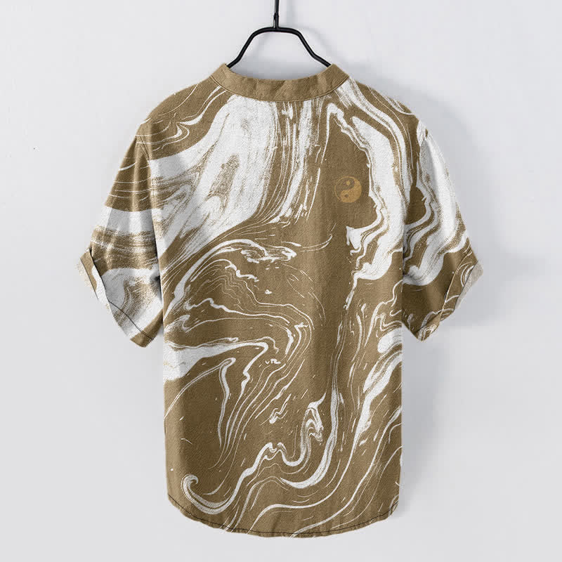 Buddha Stones Cotton Tai Chi Pattern Men's Short Sleeve Half Button Shirt