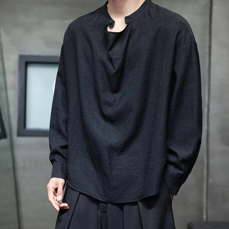 Buddha Stones Spring Solid Color Pleated Stand Collar Design Tang Suit Men's Long Sleeve Linen Shirt