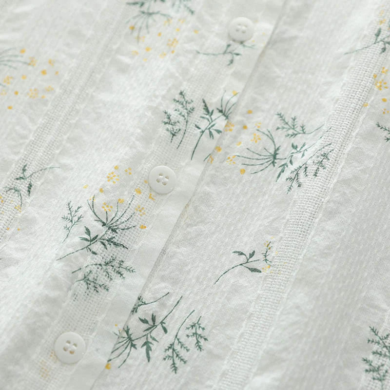 Buddha Stones Fall White Yellow Flowers Green Leaves Buttons Women's Cotton Long Sleeve Shirt