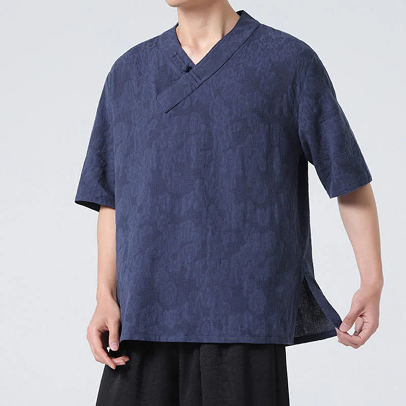Buddha Stones Ethnic Distressed Jacquard Frog-Button Men's Stand Collar Half Sleeve Cotton Linen Shirt Tai Chi Clothes