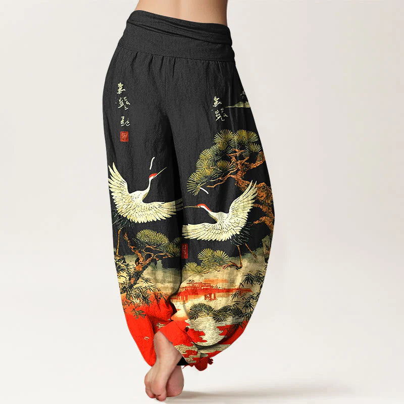 Buddha Stones Pure Cotton Vivid Crane Pine Tree Pattern Women's Elastic Waist Harem Pants