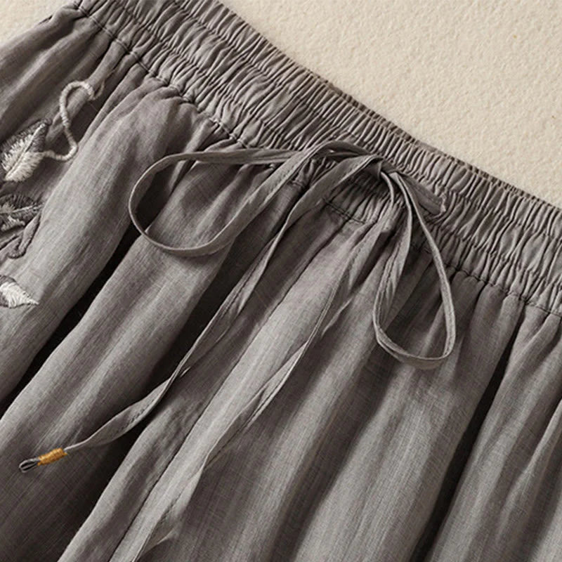 Buddha Stones Commute Embroidery Drawstring Women's Cotton Wide Leg Pants With Pockets