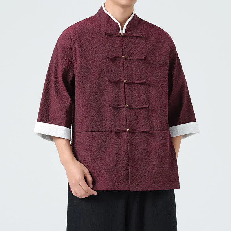 Buddha Stones Spring Solid Color Three Quarter Sleeve Tang Suit Men's Buttons Shirt With Pockets