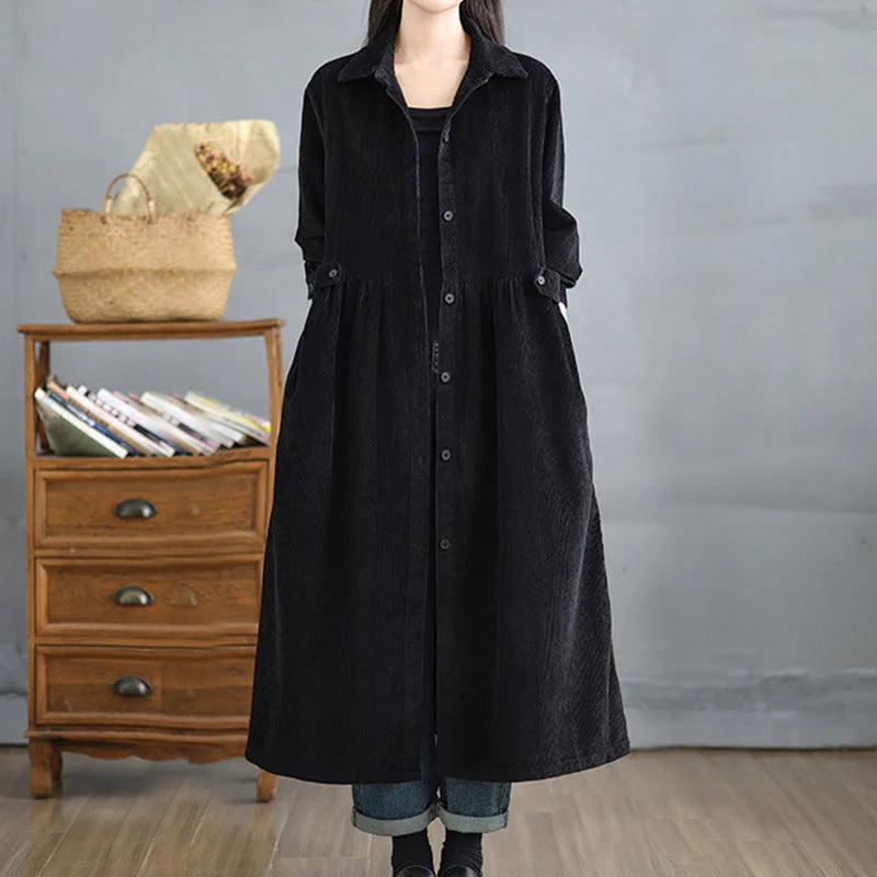 Buddha Stones Plain Buttons Long Sleeve Women's Cotton Corduroy Coat With Pockets