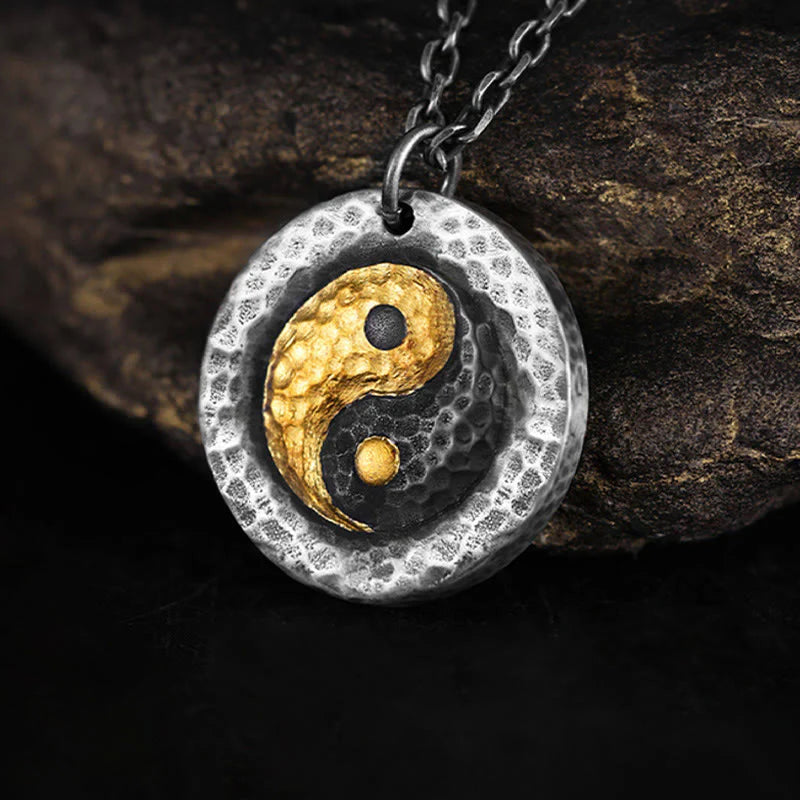 Buddha Stones 999 Sterling Silver 999 Gold Yin Yang Balance Titanium Steel Chain Necklace Pendant
