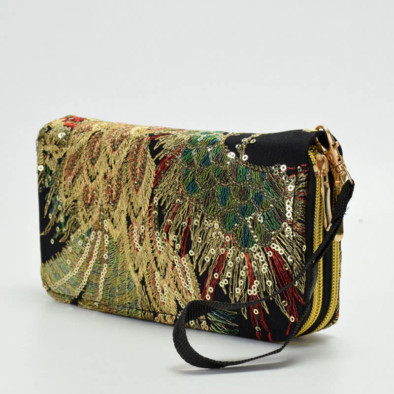 Buddha Stones Peacock Double-sided Embroidery Cash Holder Wallet Shopping Purse