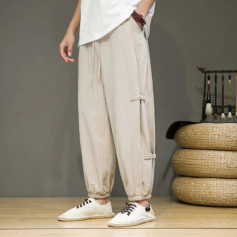 Buddha Stones Summer Vintage Drawstring Chinese Frog-Button Design Men's Cotton Linen Harem Pants With Pockets