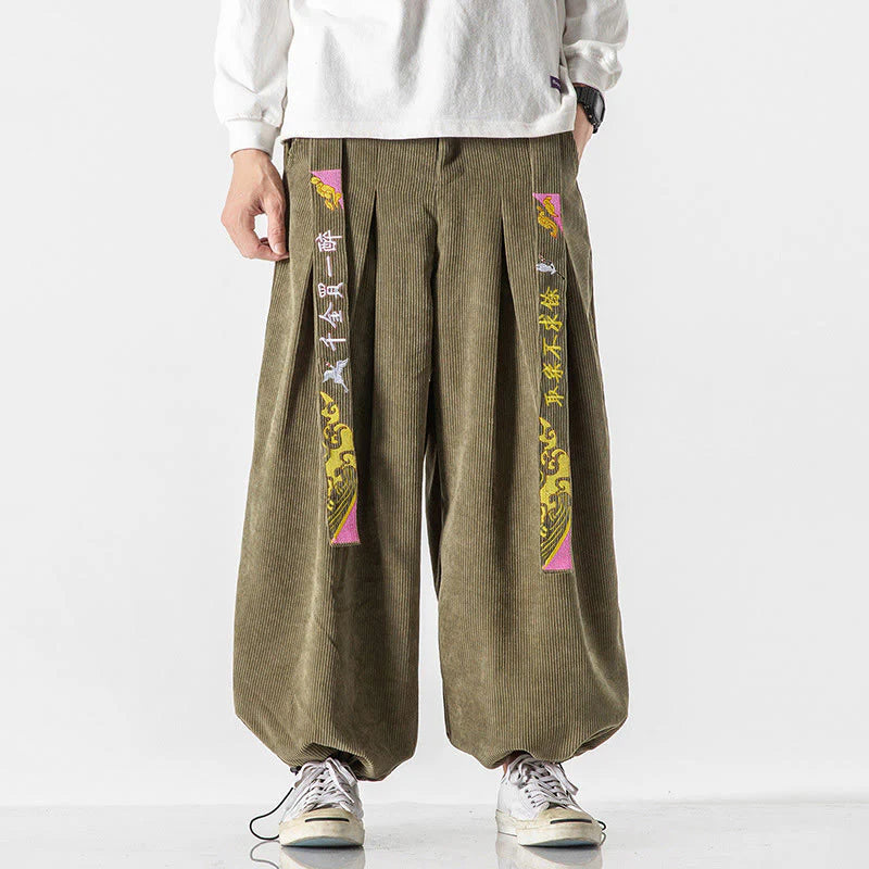 Buddha Stones Fall Winter Lace-up Chinese Character Embroidery Men's Corduroy Pants With Pockets