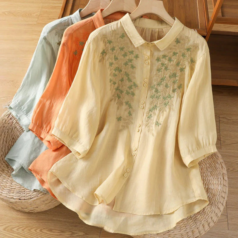 Buddha Stones Casual Plant Embroidery Stand Collar Women's Cotton Blend Three Quarter Sleeve Shirt