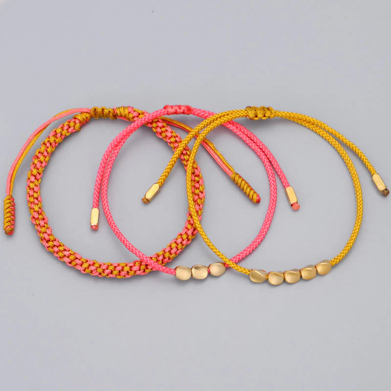 Buddha Stones 3Pcs Pink Yellow String Golden Copper Beads Wealth Bracelet