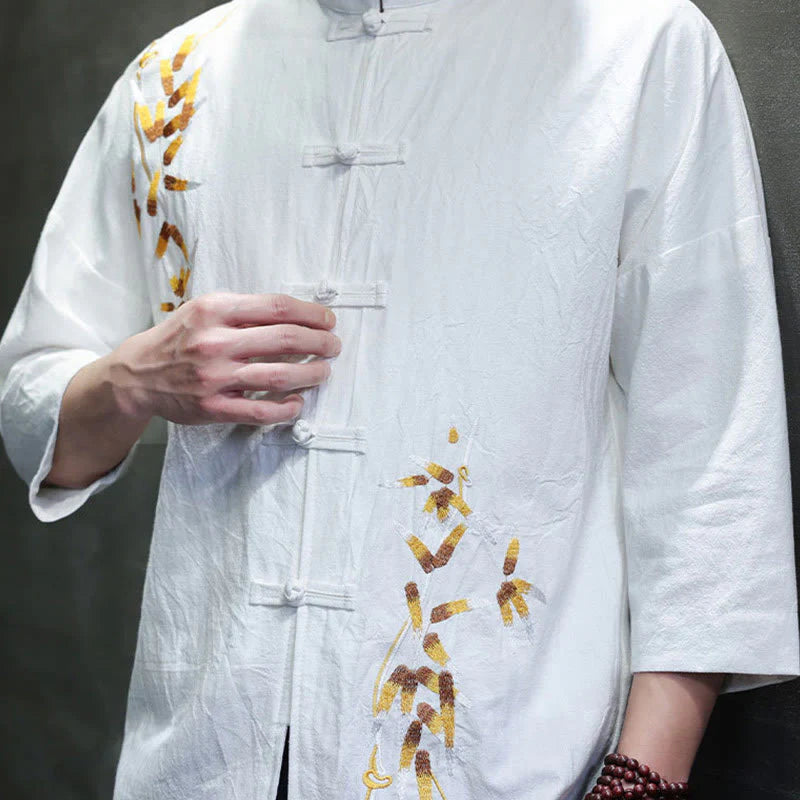 Buddha Stones Embroidery Men's  Chinese Frog-Button Three Quarter Sleeve Shirt Clothing