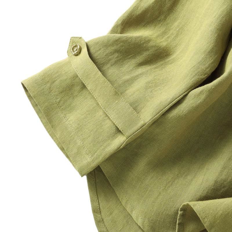 Buddha Stones Spring Dark Khaki Stand Collar Half Buttons Design Women's Long Sleeve Shirt
