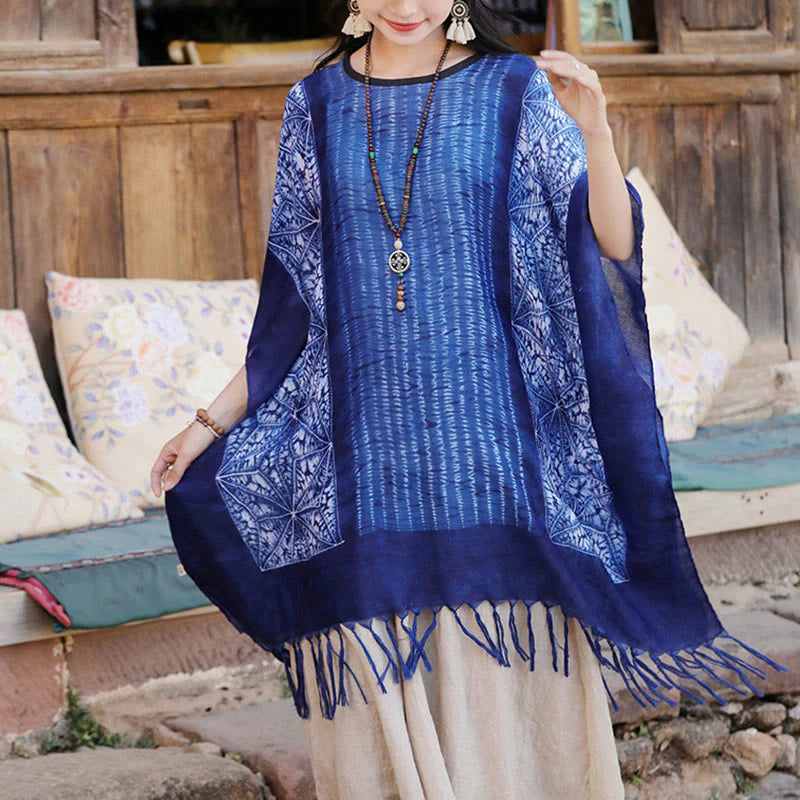 Buddha Stones Blue Geometric Stripes Batik Shawl Tassels Cozy Travel Pullover 90*95cm