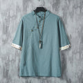 Buddha Stones Summer Chinese Frog-Button Printing Men's Plain Patchwork Half Sleeve Cotton Linen Shirt
