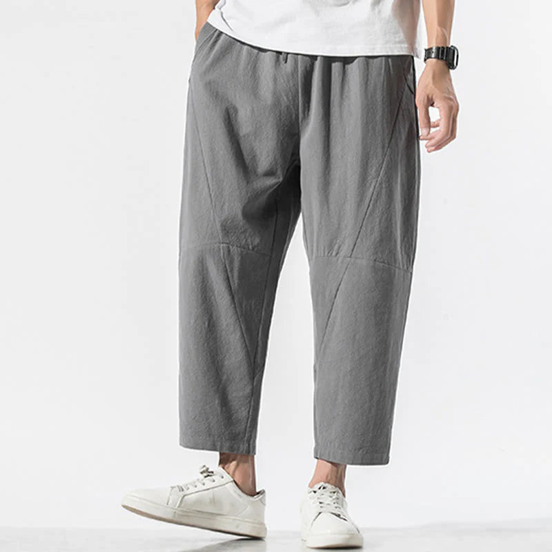 Buddha Stones Vintage Jacquard Solid Color Drawstring Cotton Linen Men's Harem Pants With Pockets