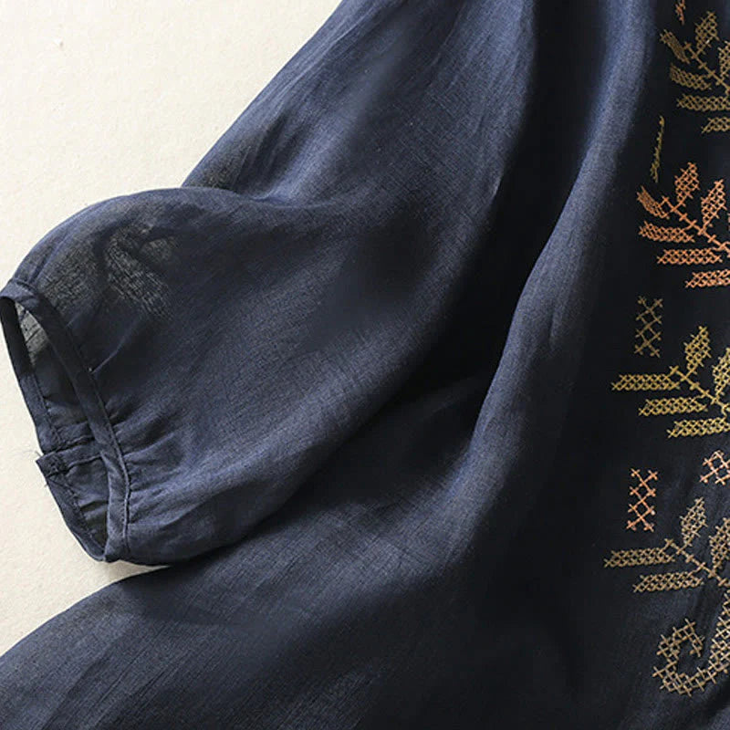 Buddha Stones Casual Artistic Embroidery Leaves Pattern Women's Cotton Linen Three Quarter Sleeve Shirt Cardigan