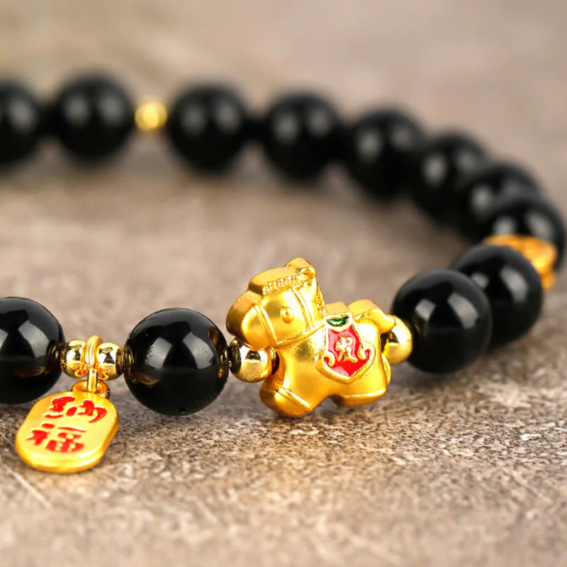 Buddha Stones Year Of The Horse Black Obsidian Strength Bracelet