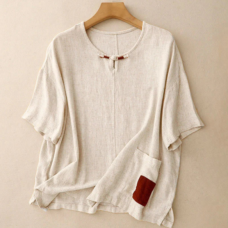 Buddha Stones Colorblock Side Slit  Frog-Button Cotton Linen Half Sleeve Women's Shirt With Pockets