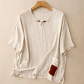 Buddha Stones Colorblock Side Slit  Frog-Button Cotton Linen Half Sleeve Women's Shirt With Pockets