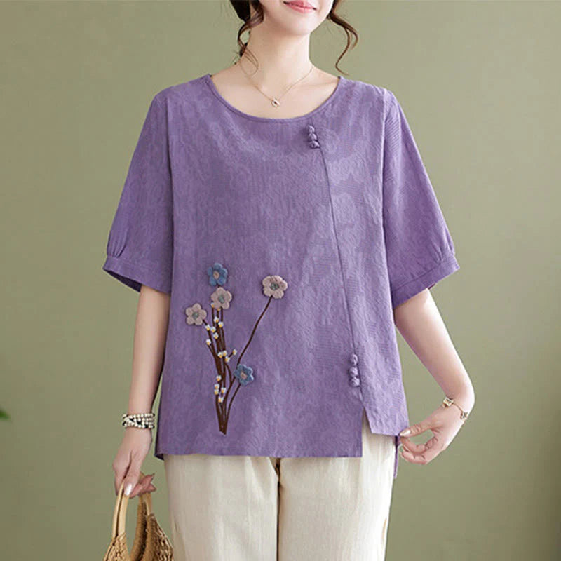 Buddha Stones Three-dimensional Flowers Design Crew Neck Short Sleeve Cotton Women's Shirt