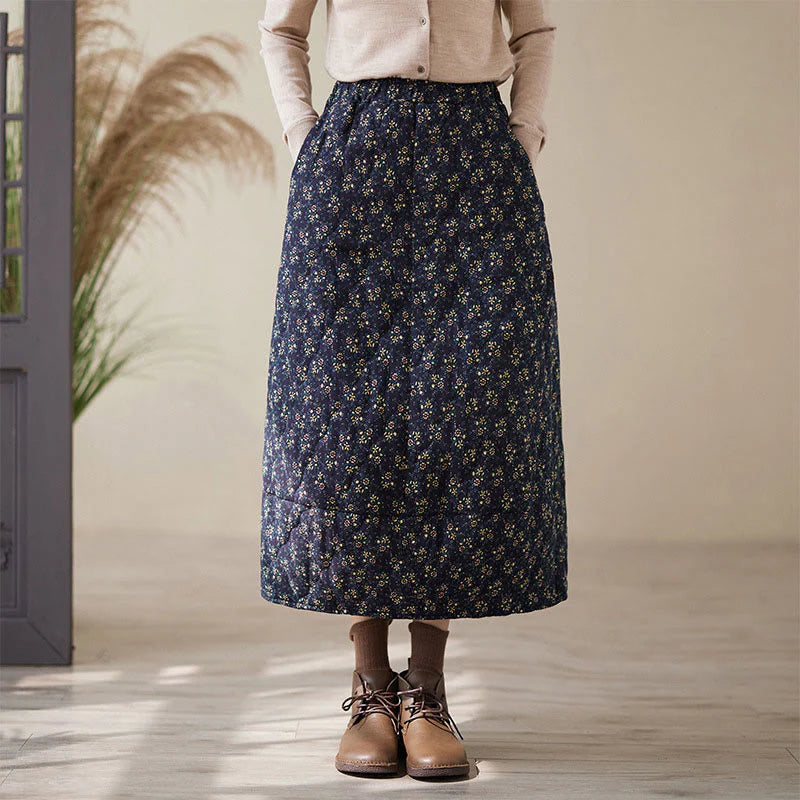 Buddha Stones Vintage Floral Pattern Elastic Waist Cotton Women's Midi Skirt With Pockets