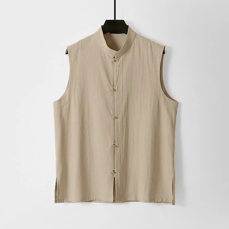 Buddha Stones Summer Solid Color Stand Collar Men's Cotton Linen Sleeveless Vest