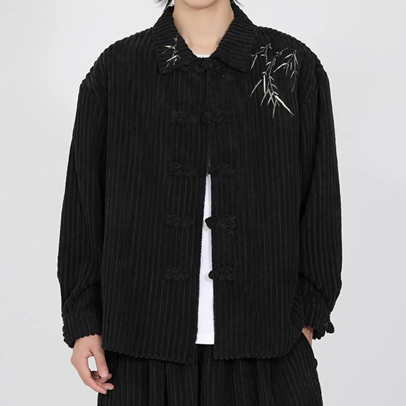 Buddha Stones Embroidery Bamboo Pattern Frog-Button Desgin Long Sleeve Men's Cotton Corduroy Jacket
