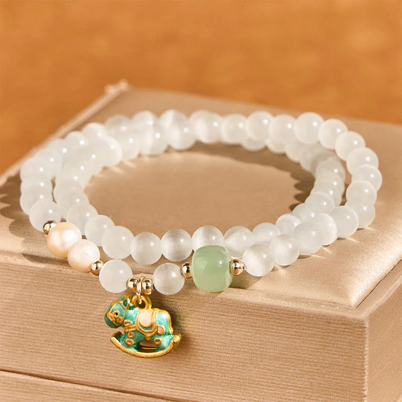 Buddha Stones Year Of The Horse Chrysoberyl Glass Bead Peace Love Double-layered Bracelet