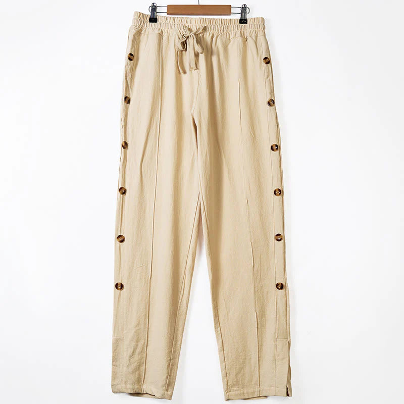 Buddha Stones Solid Color Side Buttons Men's Cotton Pants With Pockets