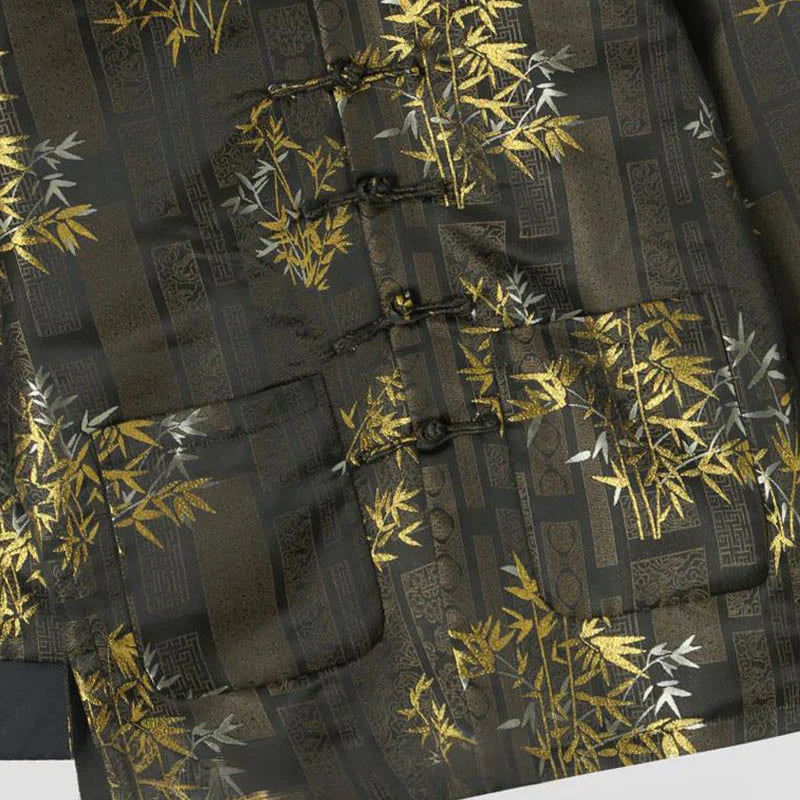 Buddha Stones Golden Bamboo Jacquard Frog-Button Long Sleeve Men's Jacket With Pockets