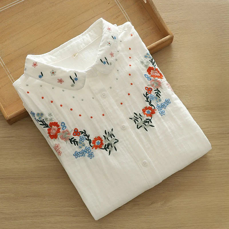 Buddha Stones Fall White Colorful Floral Embroidery Buttons Women's Cotton Long Sleeve Shirt