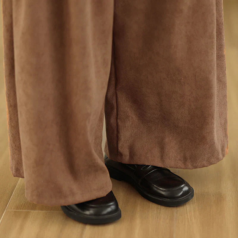 Buddha Stones Spring Plain Brown Corduroy Women's Wide Leg Pants With Pockets