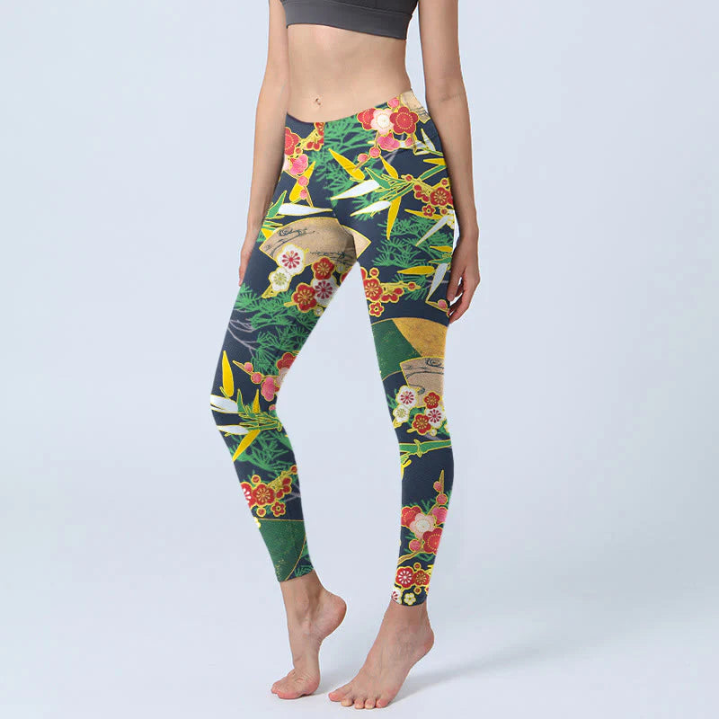 Buddha Stones Red Flowers Yellow-green Bamboo Pine Trees Print Gym Leggings Women's Yoga Pants