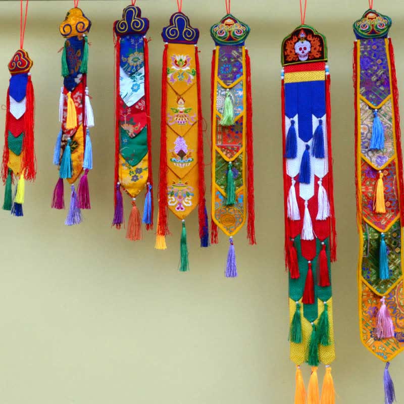 Buddha Stones Lotus Flower Eight Auspicious Symbols Meditation Enlightenment Colorful Tassels Wall Art